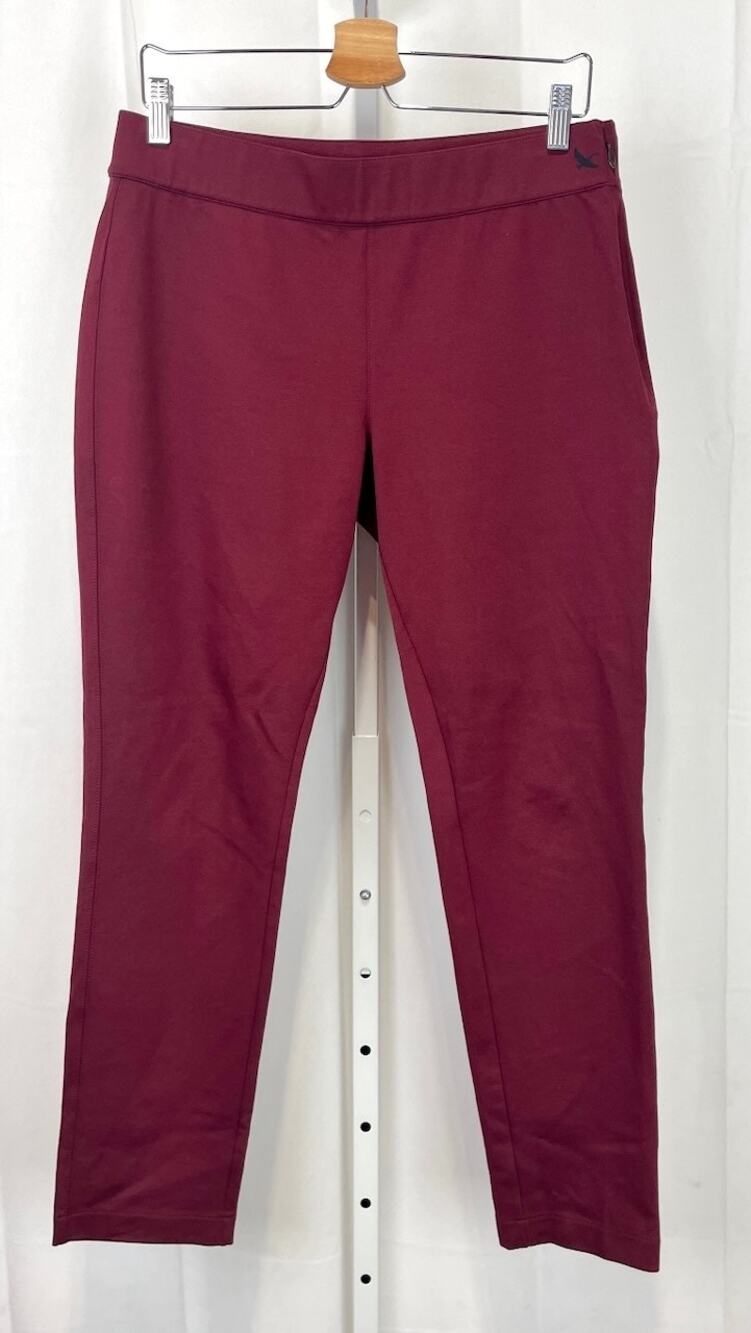 EDDIE BAUER Travex Flat Front Side Zip Slim Ankle Pants Stretch Knit Wine Red 10
